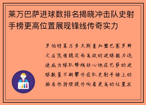 莱万巴萨进球数排名揭晓冲击队史射手榜更高位置展现锋线传奇实力